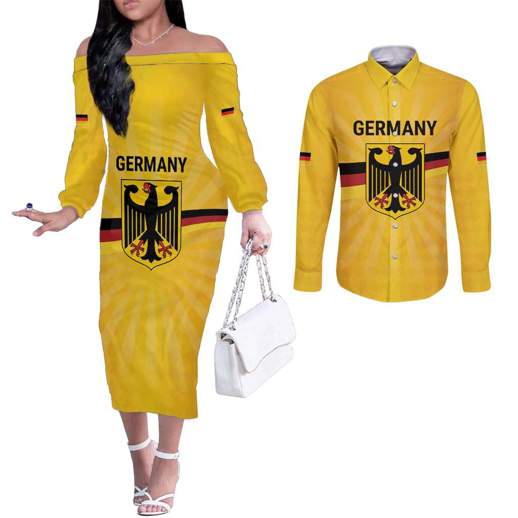 Custom Germany Heritage Eagle Couples Matching Off The Shoulder Long Sleeve Dress and Long Sleeve Button Shirt German Eagle with Flag Design - Wonder Print Shop