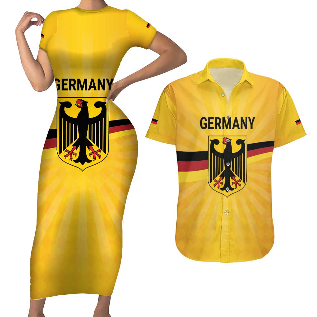 Custom Germany Heritage Eagle Couples Matching Short Sleeve Bodycon Dress and Hawaiian Shirt German Eagle with Flag Design - Wonder Print Shop