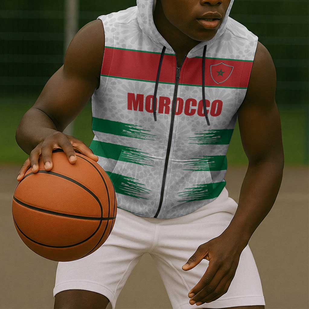 Custom Morocco Football Sleeveless Zip Hoodie Road To Football Glory - Wonder Print Shop