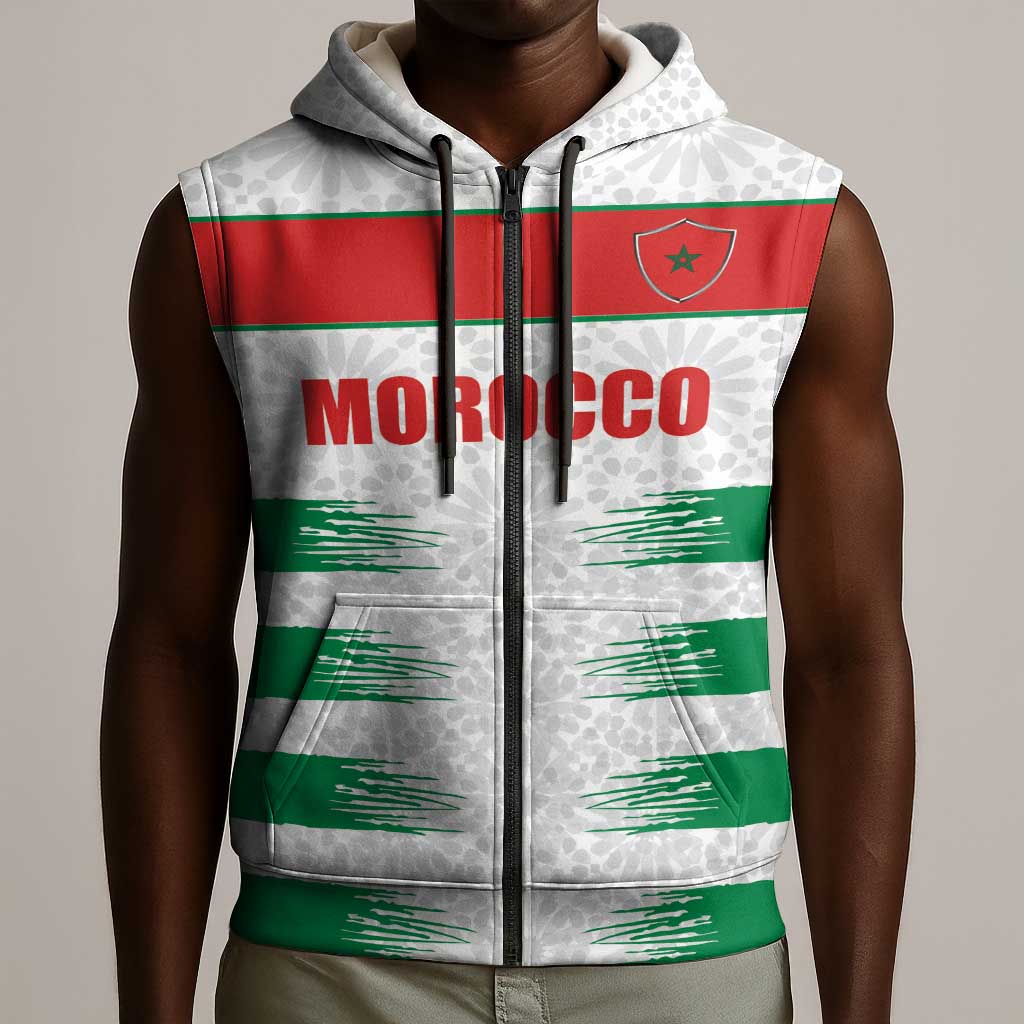 Custom Morocco Football Sleeveless Zip Hoodie Road To Football Glory - Wonder Print Shop
