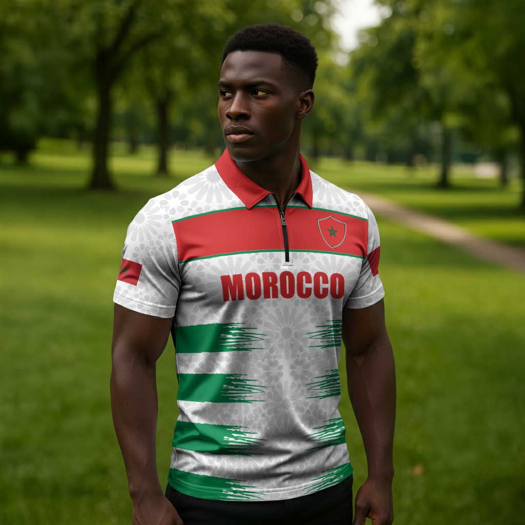 Custom Morocco Football Zipper Polo Shirt Road To Football Glory - Wonder Print Shop