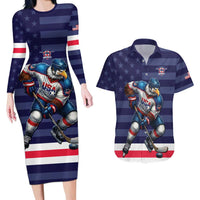 Custom USA Ice Hockey Couples Matching Long Sleeve Bodycon Dress and Hawaiian Shirt United States Eagle Mascot Style