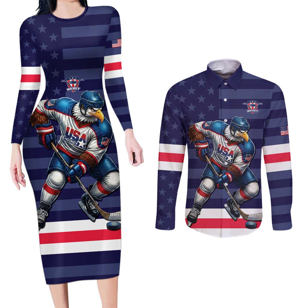 Custom USA Ice Hockey Couples Matching Long Sleeve Bodycon Dress and Long Sleeve Button Shirt United States Eagle Mascot Style