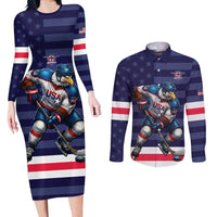 Custom USA Ice Hockey Couples Matching Long Sleeve Bodycon Dress and Long Sleeve Button Shirt United States Eagle Mascot Style