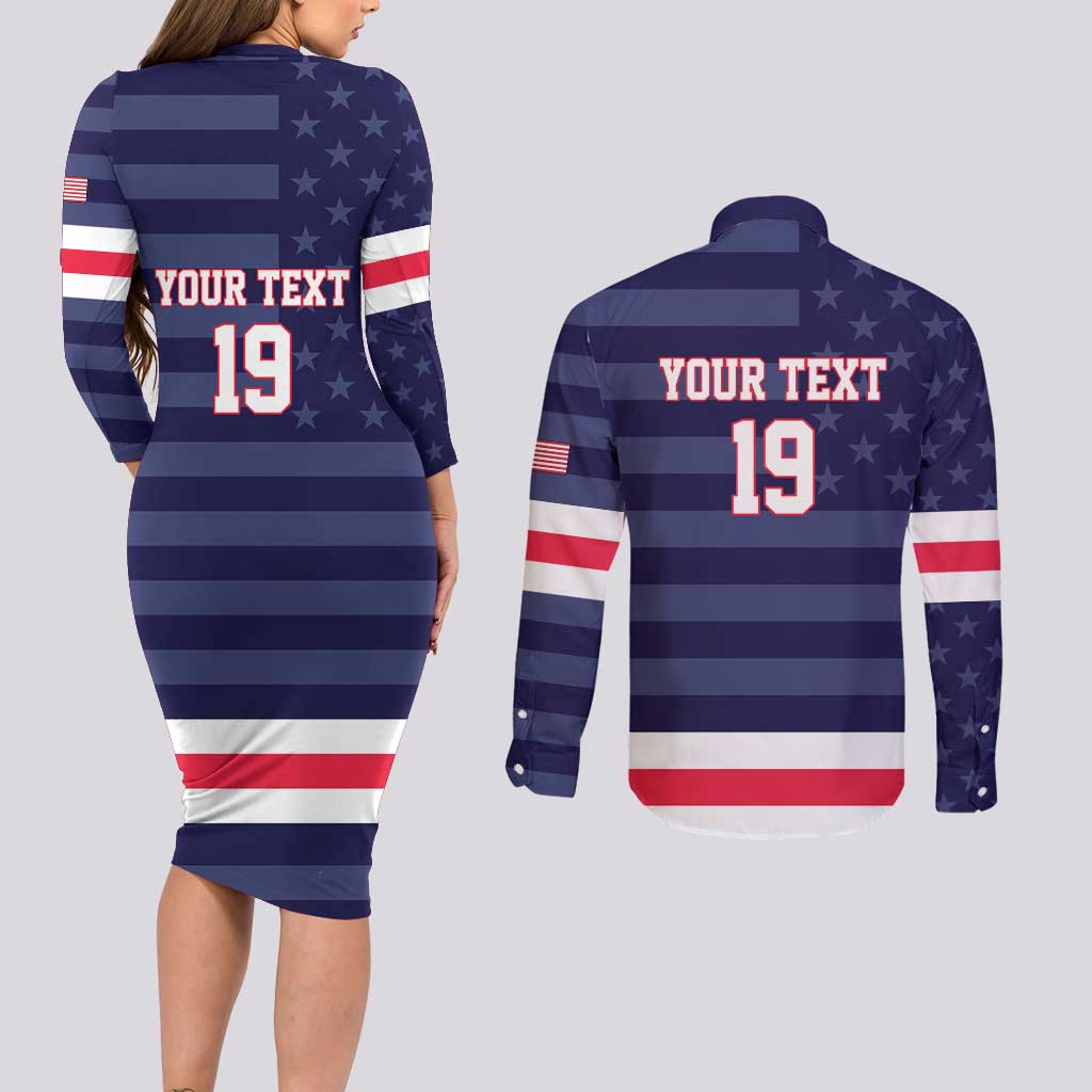 Custom USA Ice Hockey Couples Matching Long Sleeve Bodycon Dress and Long Sleeve Button Shirt United States Eagle Mascot Style