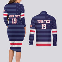 Custom USA Ice Hockey Couples Matching Long Sleeve Bodycon Dress and Long Sleeve Button Shirt United States Eagle Mascot Style