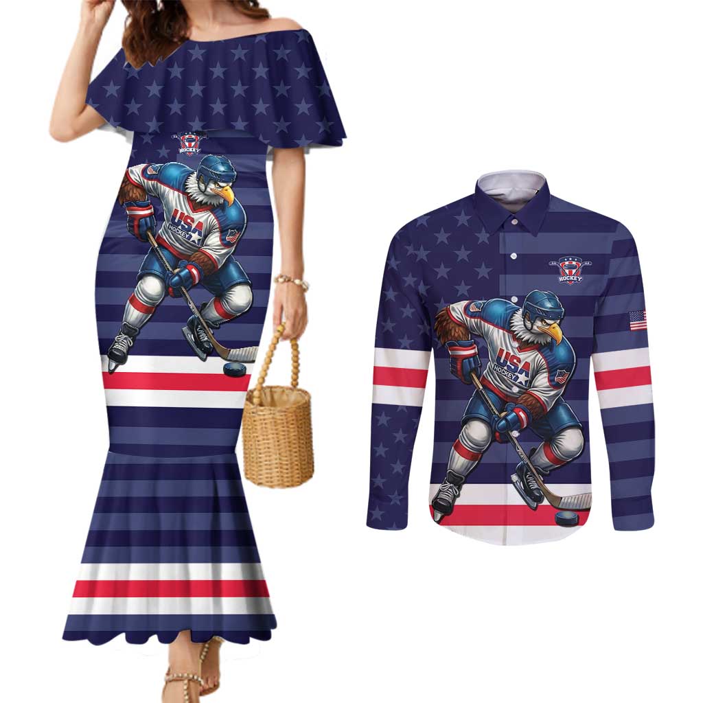 Custom USA Ice Hockey Couples Matching Mermaid Dress and Long Sleeve Button Shirt United States Eagle Mascot Style