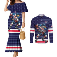 Custom USA Ice Hockey Couples Matching Mermaid Dress and Long Sleeve Button Shirt United States Eagle Mascot Style