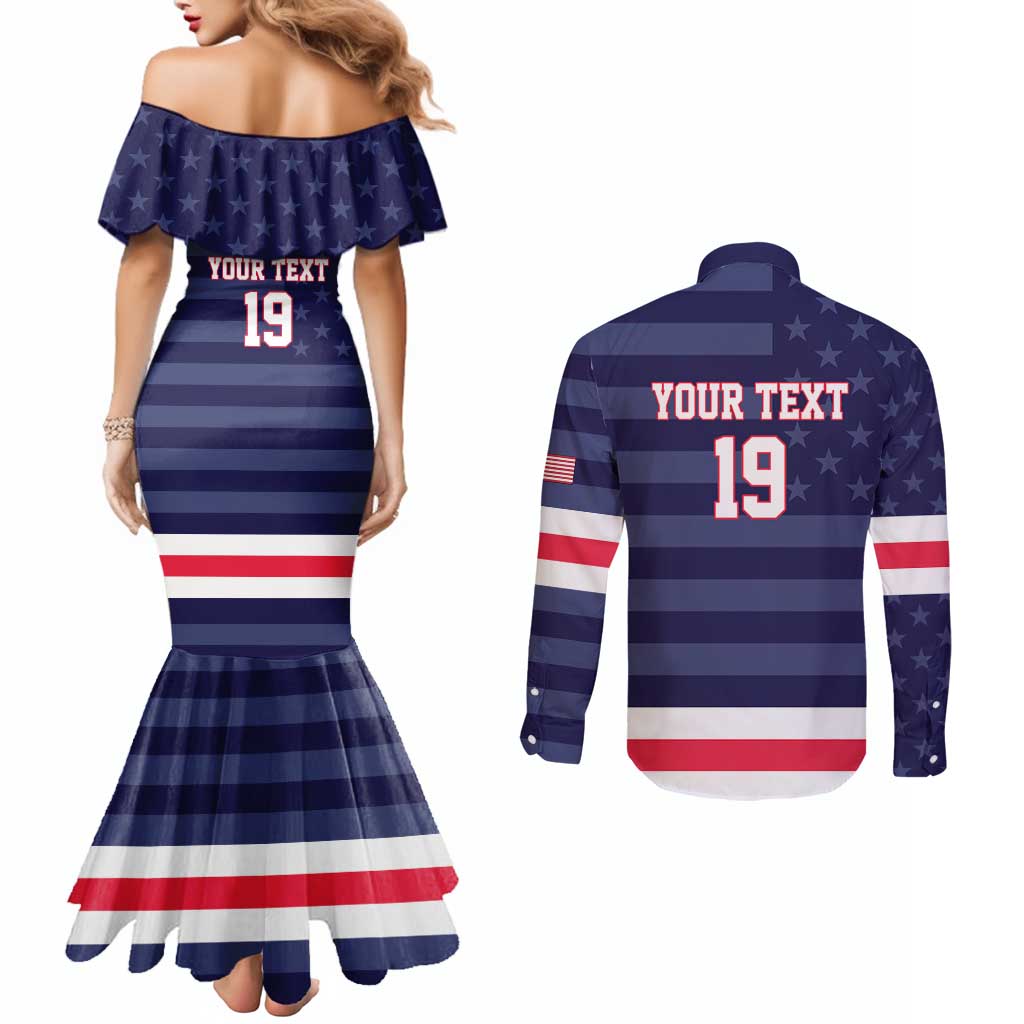 Custom USA Ice Hockey Couples Matching Mermaid Dress and Long Sleeve Button Shirt United States Eagle Mascot Style