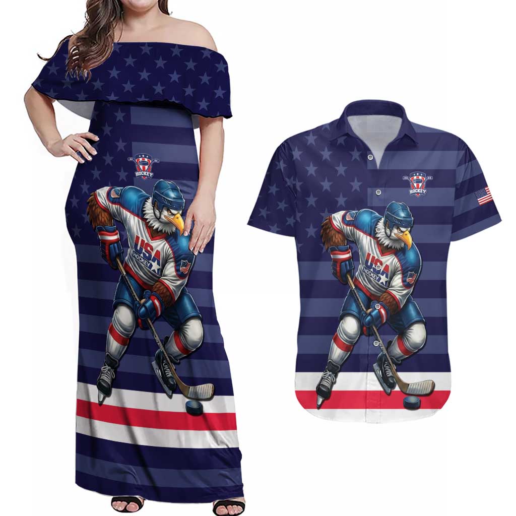 Custom USA Ice Hockey Couples Matching Off Shoulder Maxi Dress and Hawaiian Shirt United States Eagle Mascot Style