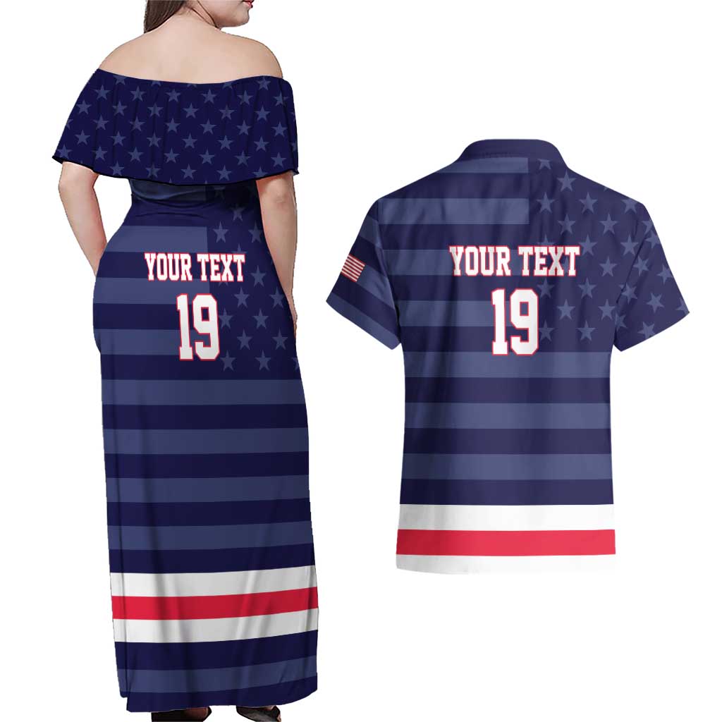 Custom USA Ice Hockey Couples Matching Off Shoulder Maxi Dress and Hawaiian Shirt United States Eagle Mascot Style