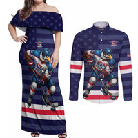 Custom USA Ice Hockey Couples Matching Off Shoulder Maxi Dress and Long Sleeve Button Shirt United States Eagle Mascot Style