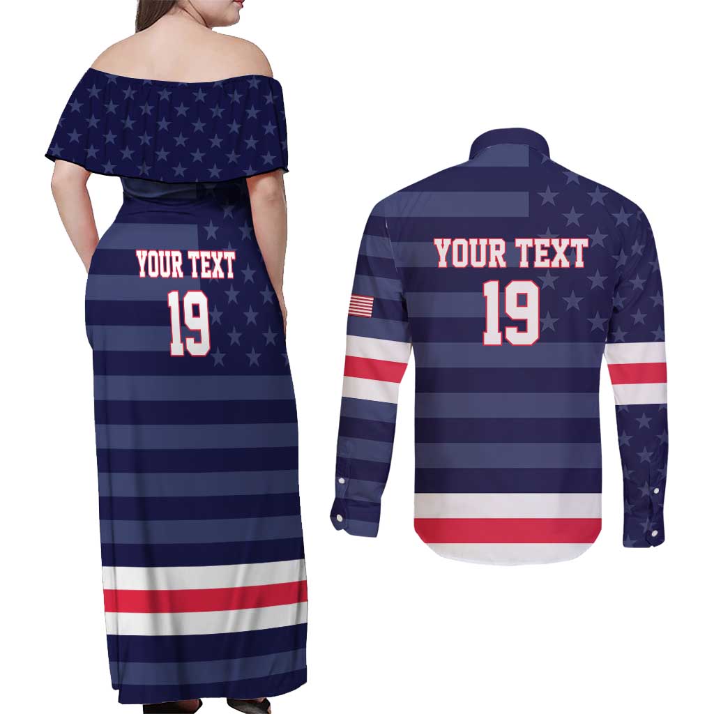 Custom USA Ice Hockey Couples Matching Off Shoulder Maxi Dress and Long Sleeve Button Shirt United States Eagle Mascot Style