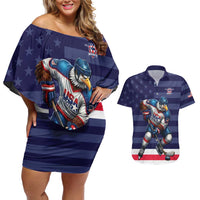Custom USA Ice Hockey Couples Matching Off Shoulder Short Dress and Hawaiian Shirt United States Eagle Mascot Style