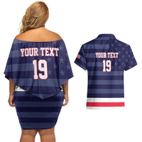 Custom USA Ice Hockey Couples Matching Off Shoulder Short Dress and Hawaiian Shirt United States Eagle Mascot Style