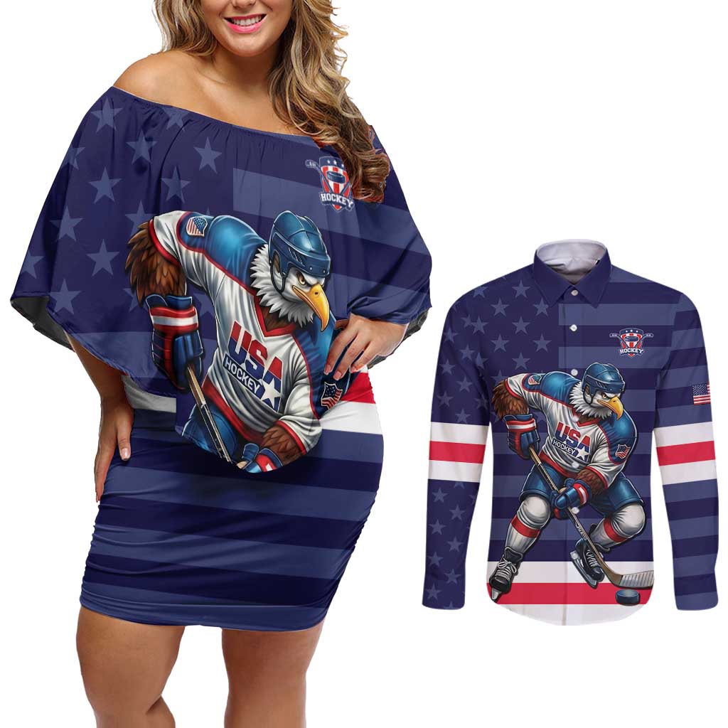 Custom USA Ice Hockey Couples Matching Off Shoulder Short Dress and Long Sleeve Button Shirt United States Eagle Mascot Style