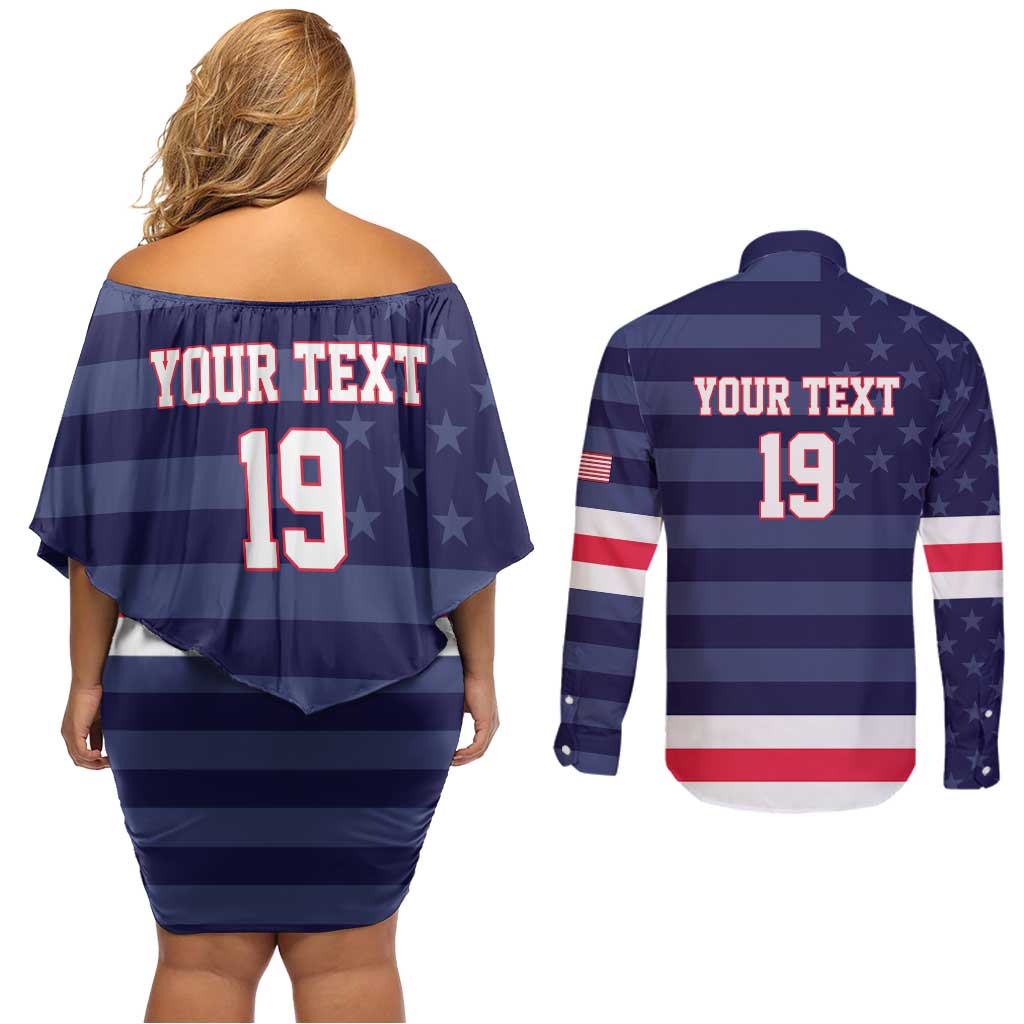 Custom USA Ice Hockey Couples Matching Off Shoulder Short Dress and Long Sleeve Button Shirt United States Eagle Mascot Style