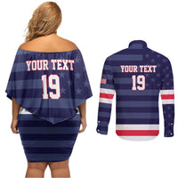 Custom USA Ice Hockey Couples Matching Off Shoulder Short Dress and Long Sleeve Button Shirt United States Eagle Mascot Style
