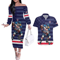 Custom USA Ice Hockey Couples Matching Off The Shoulder Long Sleeve Dress and Hawaiian Shirt United States Eagle Mascot Style