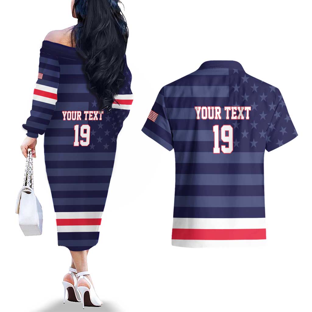 Custom USA Ice Hockey Couples Matching Off The Shoulder Long Sleeve Dress and Hawaiian Shirt United States Eagle Mascot Style
