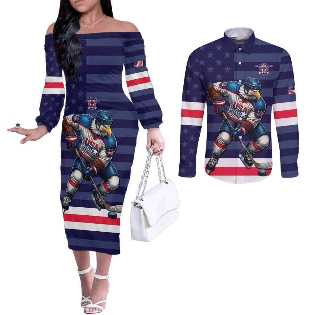 Custom USA Ice Hockey Couples Matching Off The Shoulder Long Sleeve Dress and Long Sleeve Button Shirt United States Eagle Mascot Style