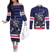 Custom USA Ice Hockey Couples Matching Off The Shoulder Long Sleeve Dress and Long Sleeve Button Shirt United States Eagle Mascot Style