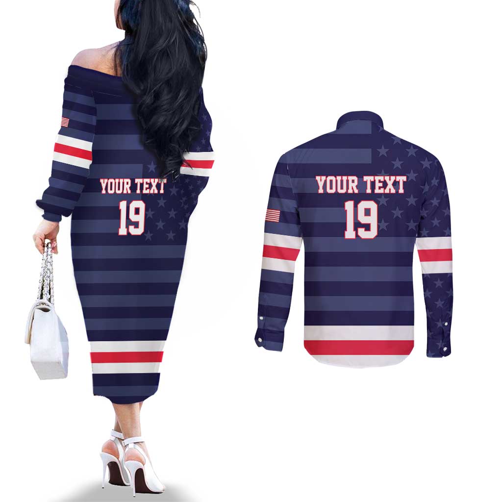 Custom USA Ice Hockey Couples Matching Off The Shoulder Long Sleeve Dress and Long Sleeve Button Shirt United States Eagle Mascot Style