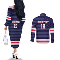 Custom USA Ice Hockey Couples Matching Off The Shoulder Long Sleeve Dress and Long Sleeve Button Shirt United States Eagle Mascot Style