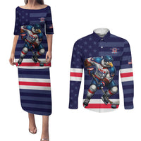 Custom USA Ice Hockey Couples Matching Puletasi and Long Sleeve Button Shirt United States Eagle Mascot Style