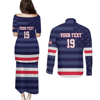 Custom USA Ice Hockey Couples Matching Puletasi and Long Sleeve Button Shirt United States Eagle Mascot Style