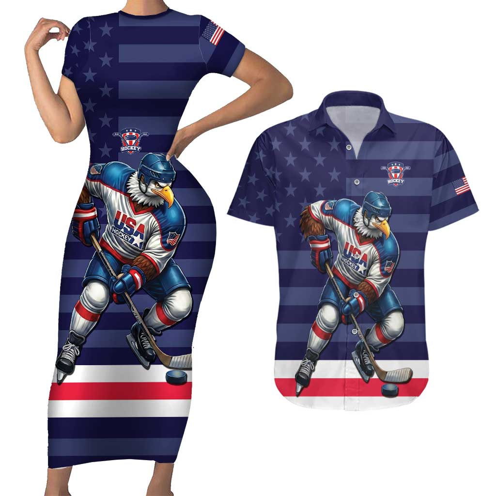 Custom USA Ice Hockey Couples Matching Short Sleeve Bodycon Dress and Hawaiian Shirt United States Eagle Mascot Style