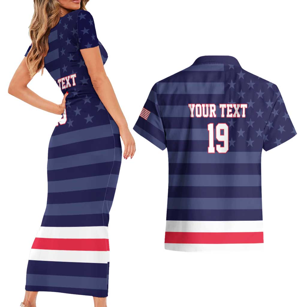 Custom USA Ice Hockey Couples Matching Short Sleeve Bodycon Dress and Hawaiian Shirt United States Eagle Mascot Style