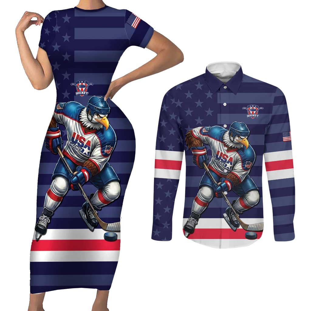 Custom USA Ice Hockey Couples Matching Short Sleeve Bodycon Dress and Long Sleeve Button Shirt United States Eagle Mascot Style