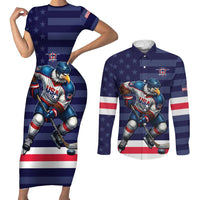 Custom USA Ice Hockey Couples Matching Short Sleeve Bodycon Dress and Long Sleeve Button Shirt United States Eagle Mascot Style