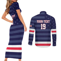Custom USA Ice Hockey Couples Matching Short Sleeve Bodycon Dress and Long Sleeve Button Shirt United States Eagle Mascot Style