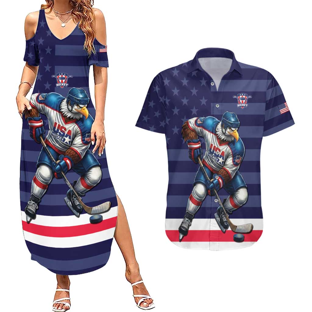 Custom USA Ice Hockey Couples Matching Summer Maxi Dress and Hawaiian Shirt United States Eagle Mascot Style