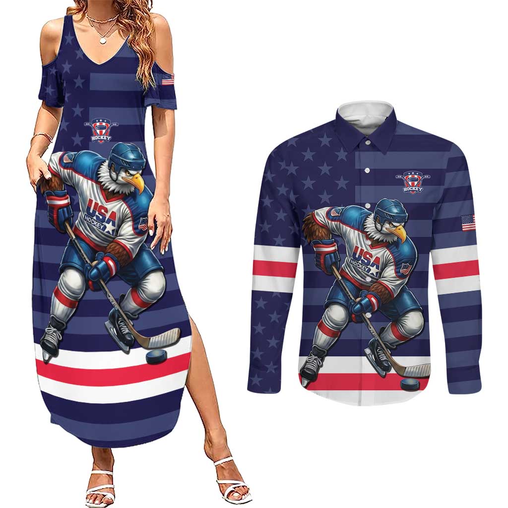 Custom USA Ice Hockey Couples Matching Summer Maxi Dress and Long Sleeve Button Shirt United States Eagle Mascot Style