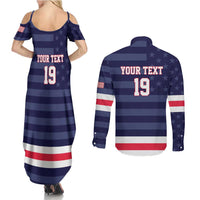 Custom USA Ice Hockey Couples Matching Summer Maxi Dress and Long Sleeve Button Shirt United States Eagle Mascot Style