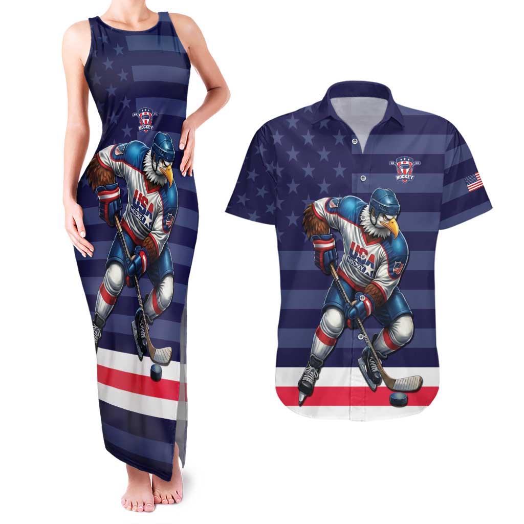 Custom USA Ice Hockey Couples Matching Tank Maxi Dress and Hawaiian Shirt United States Eagle Mascot Style