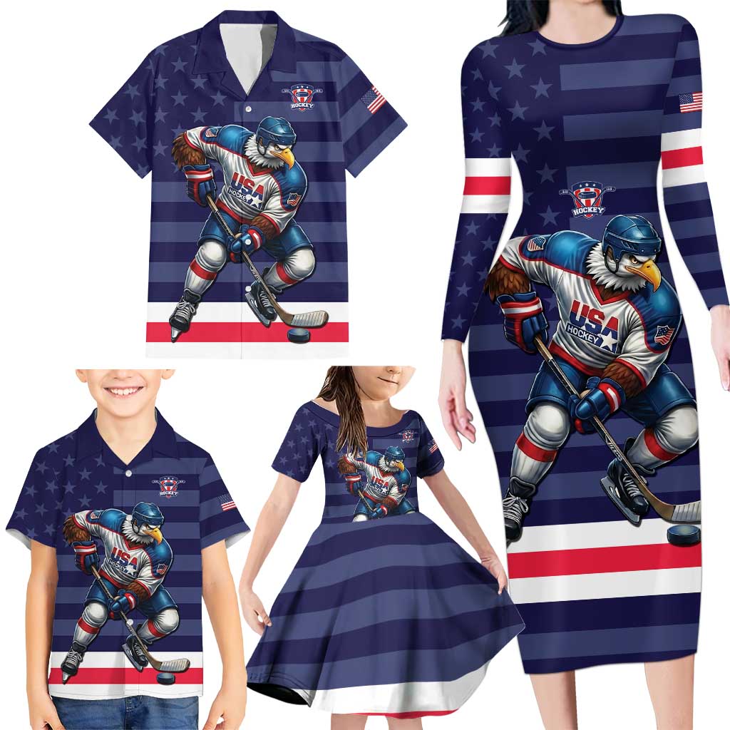 Custom USA Ice Hockey Family Matching Long Sleeve Bodycon Dress and Hawaiian Shirt United States Eagle Mascot Style