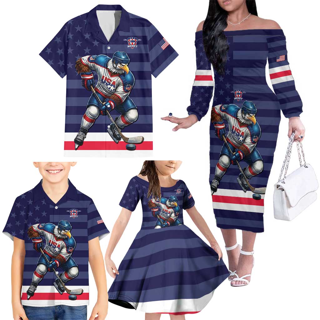 Custom USA Ice Hockey Family Matching Off The Shoulder Long Sleeve Dress and Hawaiian Shirt United States Eagle Mascot Style