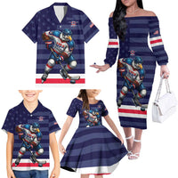 Custom USA Ice Hockey Family Matching Off The Shoulder Long Sleeve Dress and Hawaiian Shirt United States Eagle Mascot Style