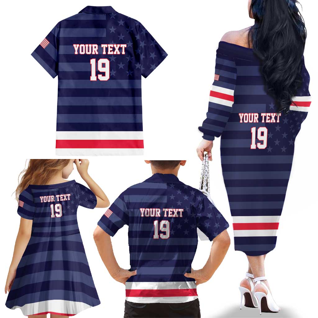 Custom USA Ice Hockey Family Matching Off The Shoulder Long Sleeve Dress and Hawaiian Shirt United States Eagle Mascot Style