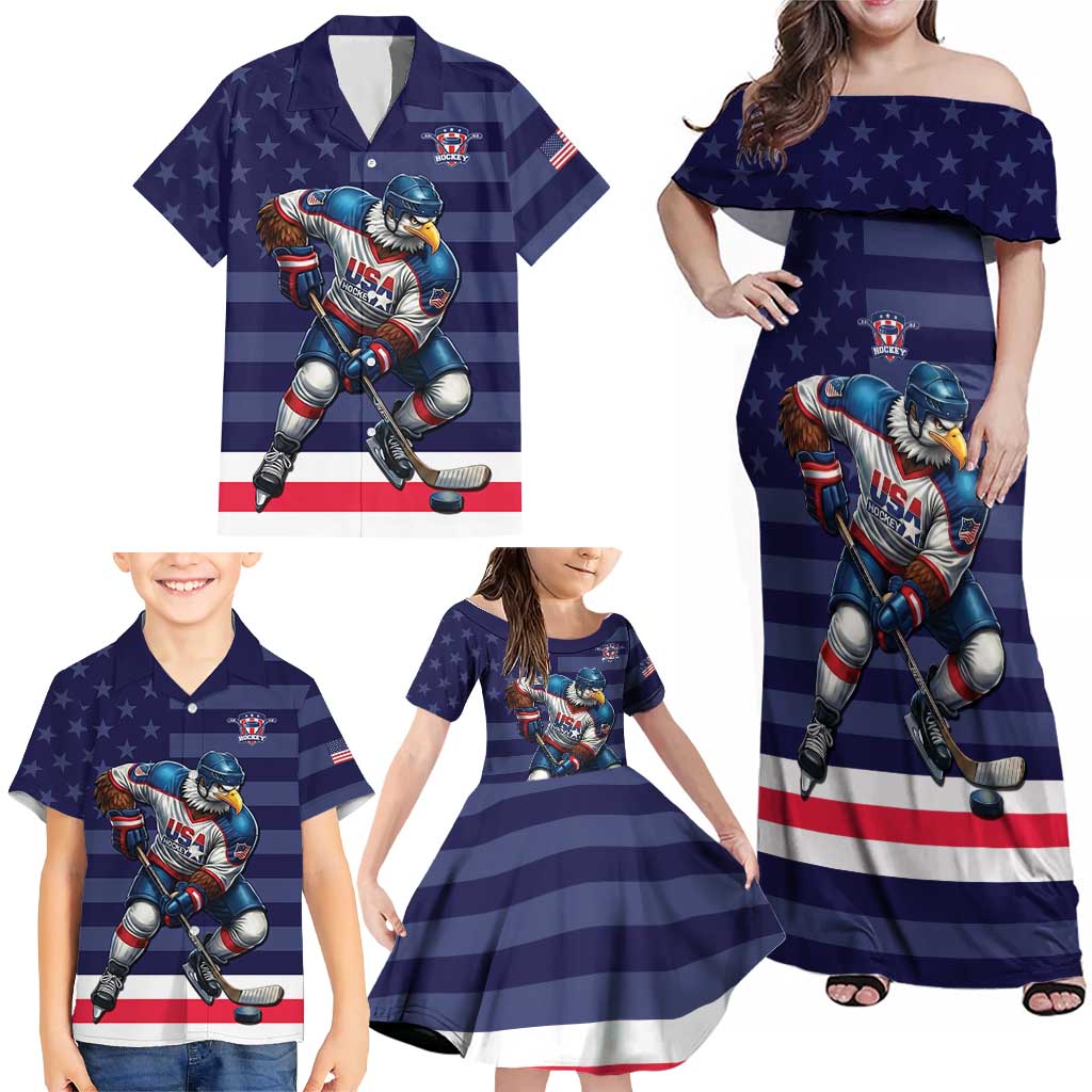 Custom USA Ice Hockey Family Matching Off Shoulder Maxi Dress and Hawaiian Shirt United States Eagle Mascot Style