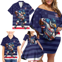 Custom USA Ice Hockey Family Matching Off Shoulder Short Dress and Hawaiian Shirt United States Eagle Mascot Style