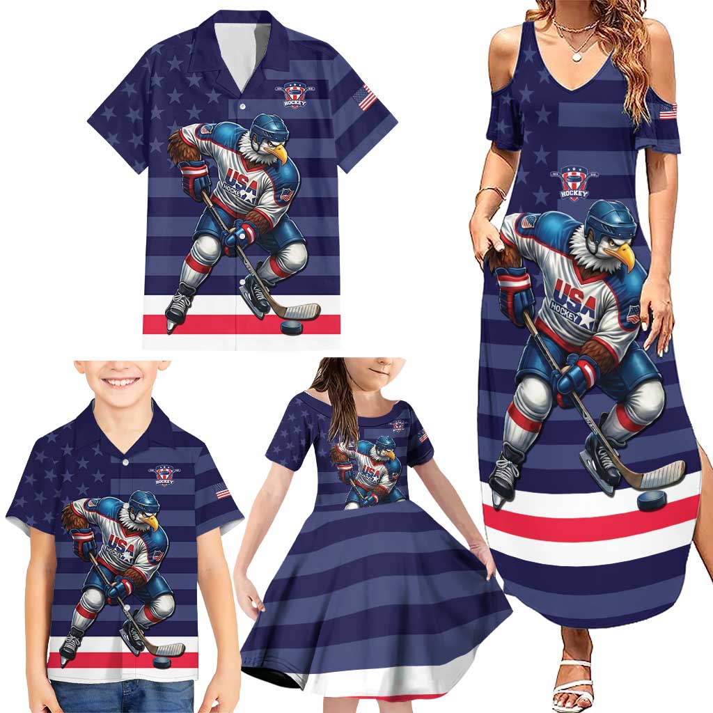 Custom USA Ice Hockey Family Matching Summer Maxi Dress and Hawaiian Shirt United States Eagle Mascot Style