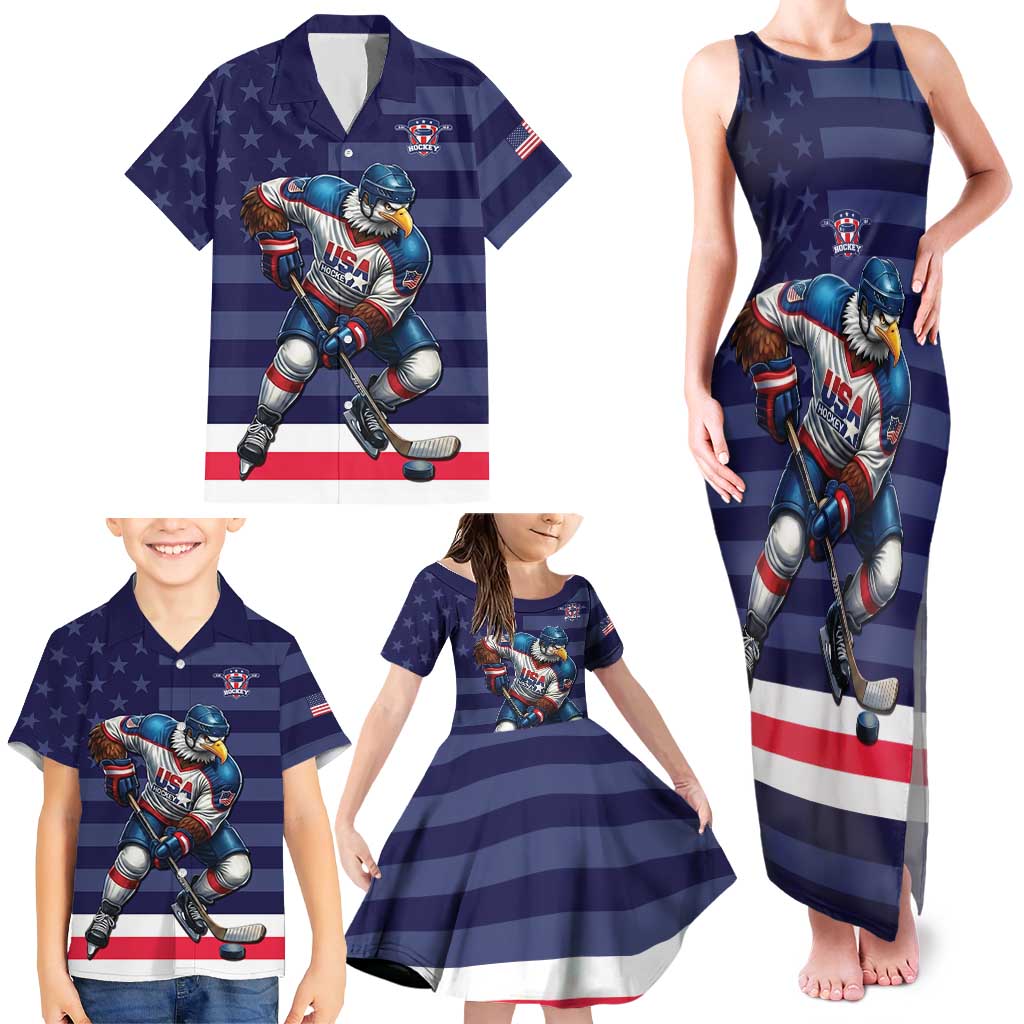Custom USA Ice Hockey Family Matching Tank Maxi Dress and Hawaiian Shirt United States Eagle Mascot Style