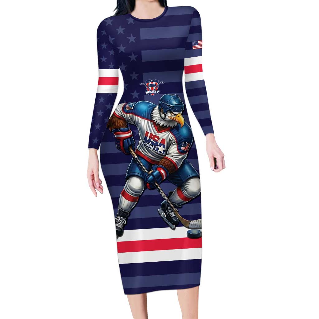 Custom USA Ice Hockey Long Sleeve Bodycon Dress United States Eagle Mascot Style