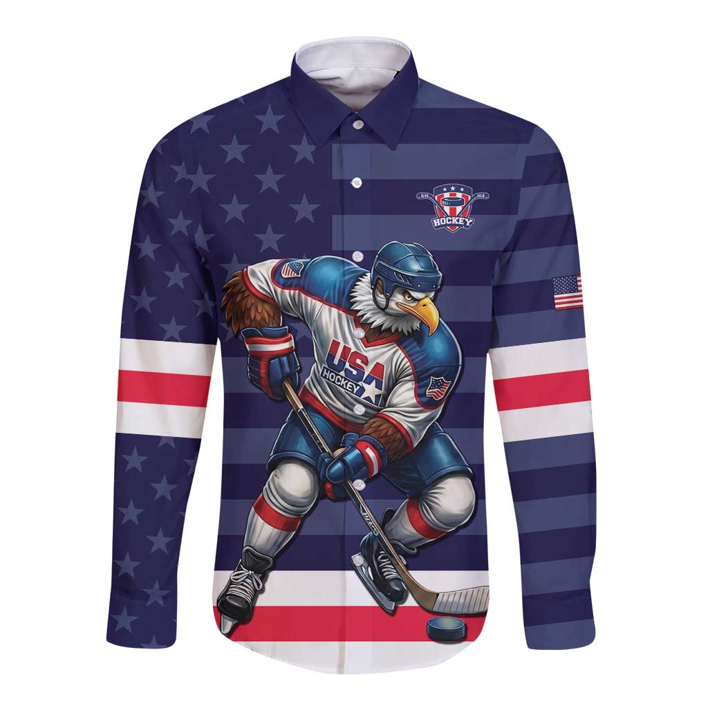 Custom USA Ice Hockey Long Sleeve Button Shirt United States Eagle Mascot Style