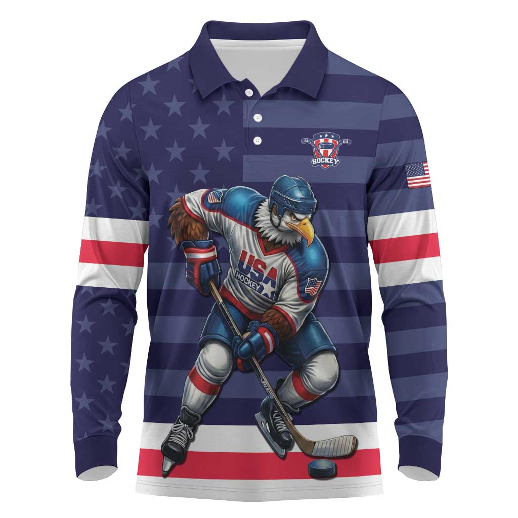 Custom USA Ice Hockey Long Sleeve Polo Shirt United States Eagle Mascot Style
